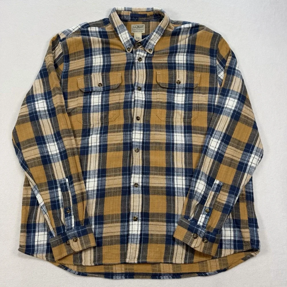 LL Bean 1912 Field Flannel Shirt Mens XL Slightly Fitted Khaki Blue White‎ Plaid